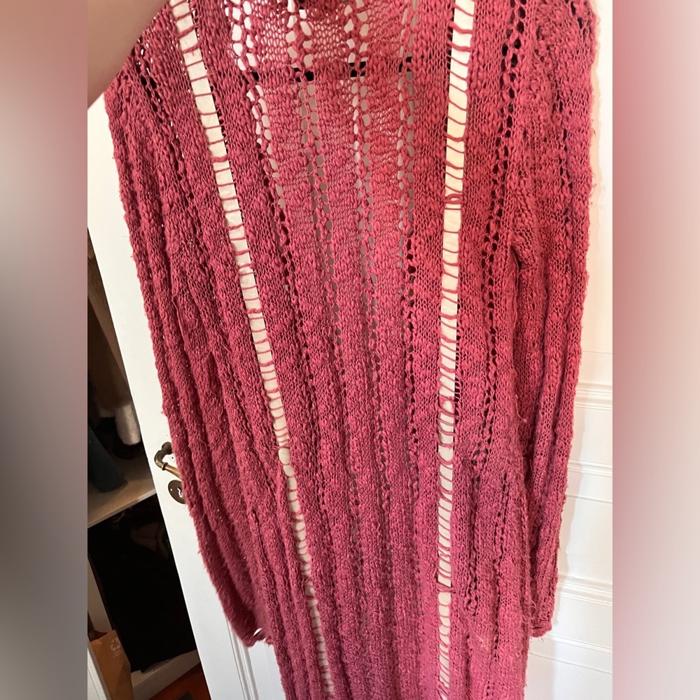 Betsey Johnson Vintage Pink Long Cardigan with Lace Ribbon Crochet Knit - Picture 8 of 8